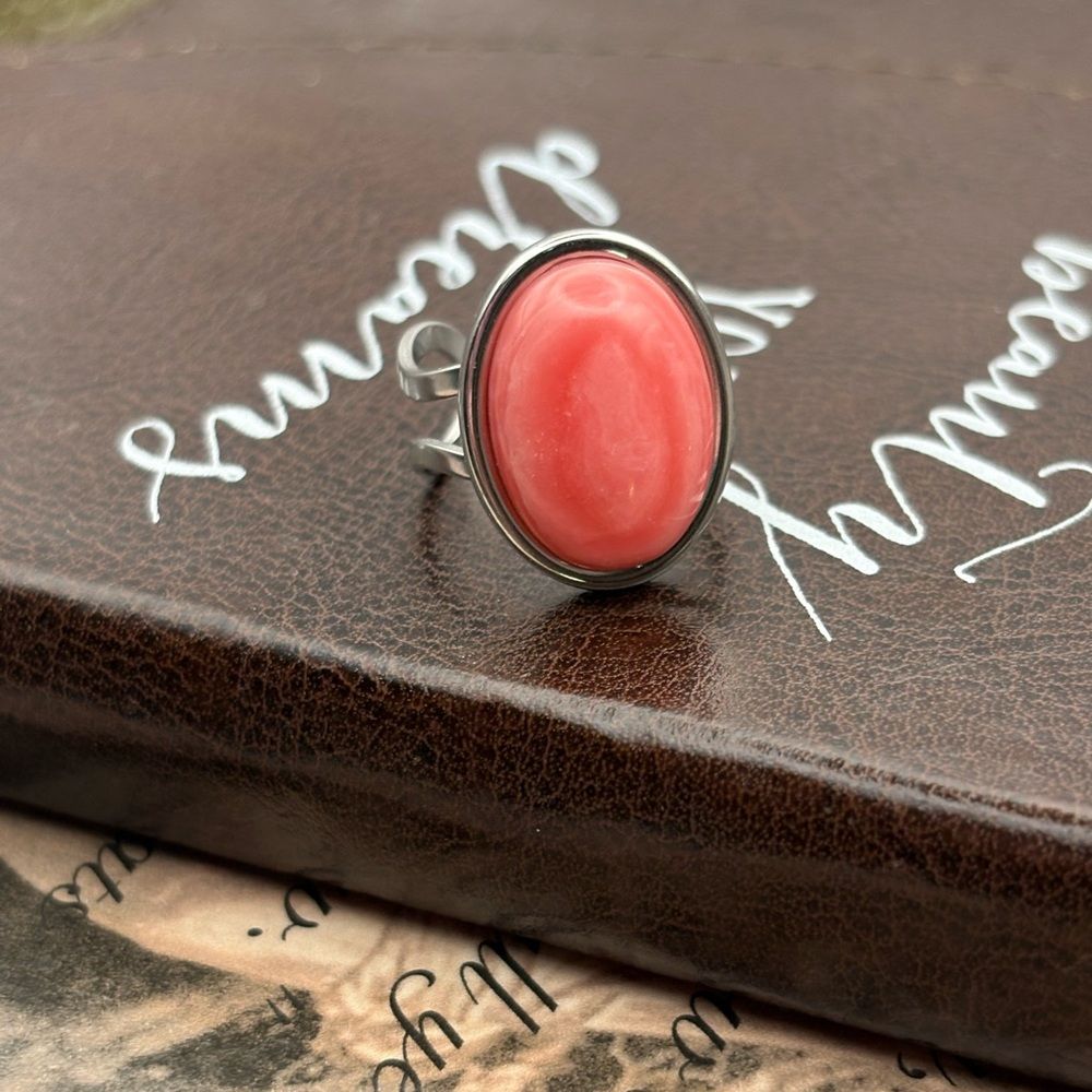 Coral Gemstone Ring Stainless Steel Adjustable Handmade Boho Jewelry